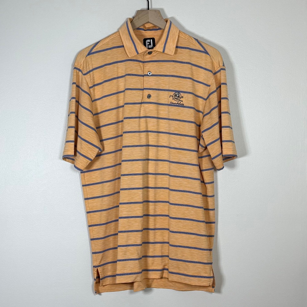 FootJoy Mens Golf Polo Shirt M Orange Blue Striped Houndslake Logo Performance